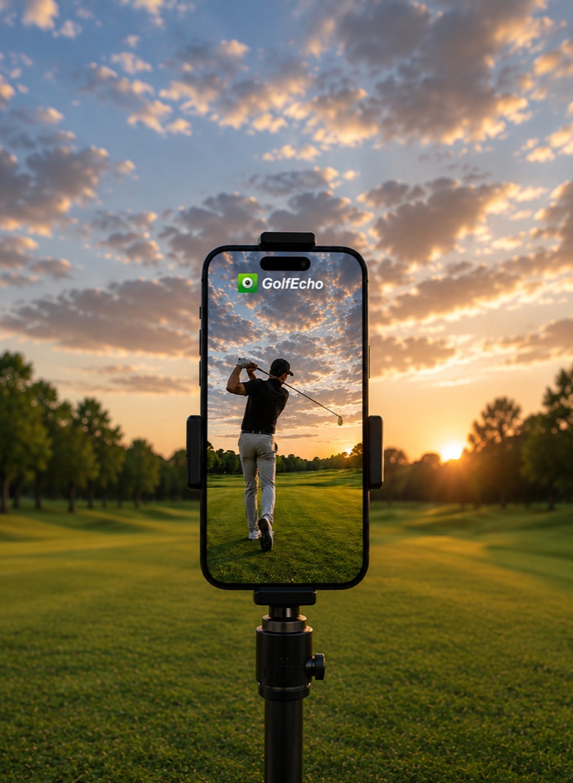 Golf Echo replaying a swing on a phone mounted at the range at sunset